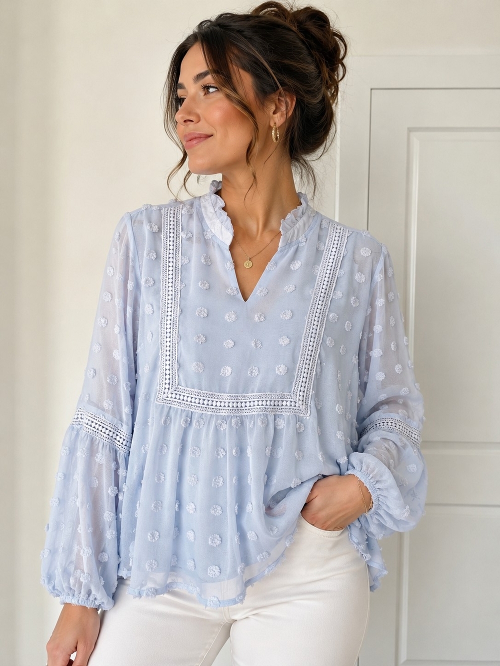 Light Blue Swiss Dot Lace Trim Peasant Blouse